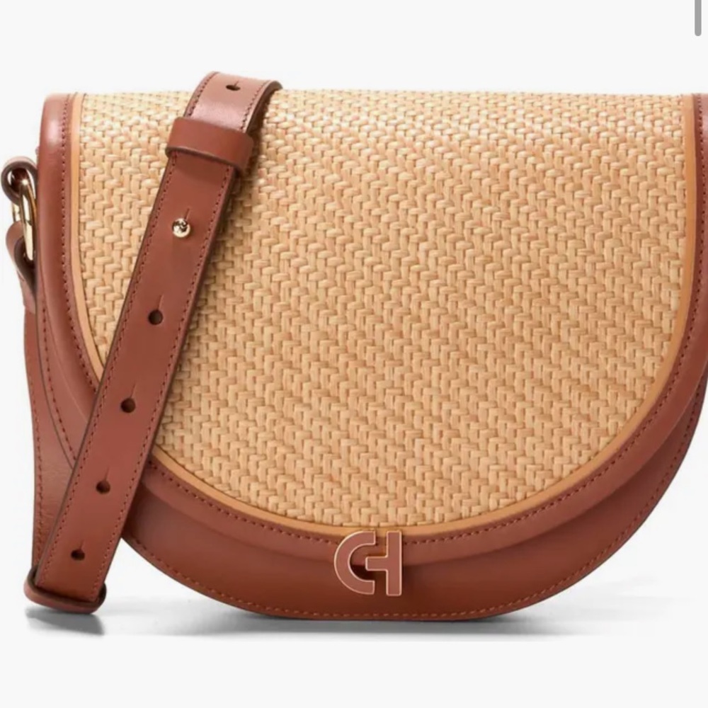 Cole Haan Natural Straw & Tan Leather Evie Saddle Bag